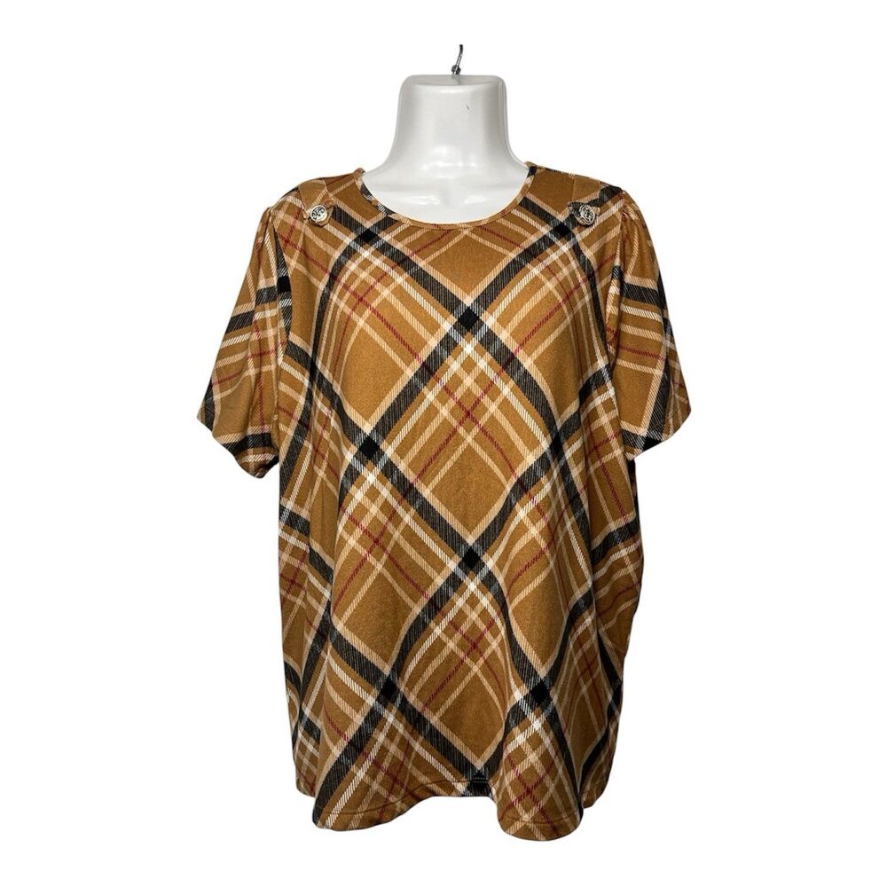 Como Blu Plaid Shirt Womens Plus 1X Brown Khaki Short Sleeve Top Academic Preppy